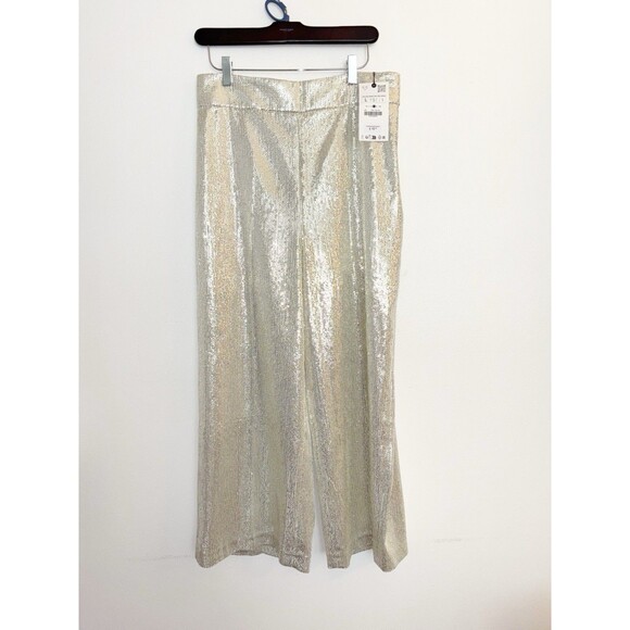 Zara High Waist Sequin Disco Wide Leg Culotte Cropped Trousers Pants Large - Picture 1 of 5